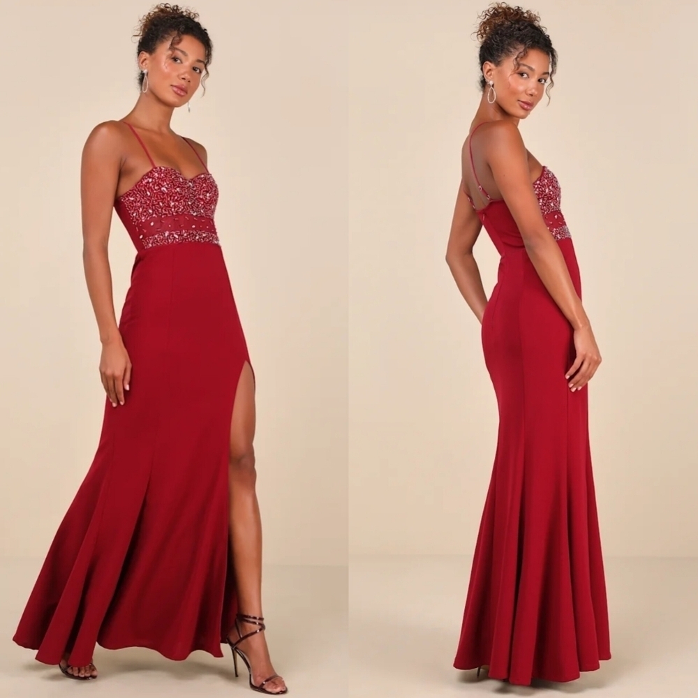Lulus Luxe Allure Wine Red Beaded Rhinestone Bustier Maxi Dress Wedding Party